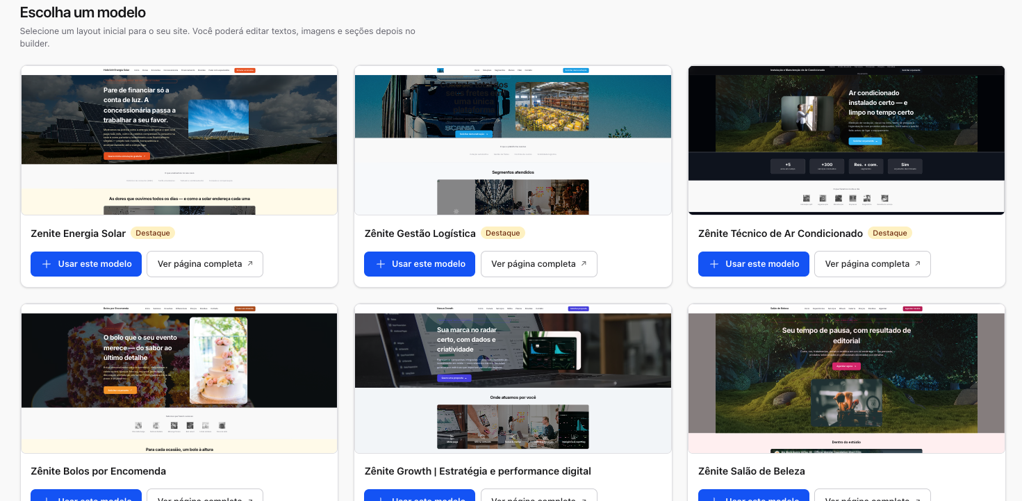 Galeria de templates de landing page