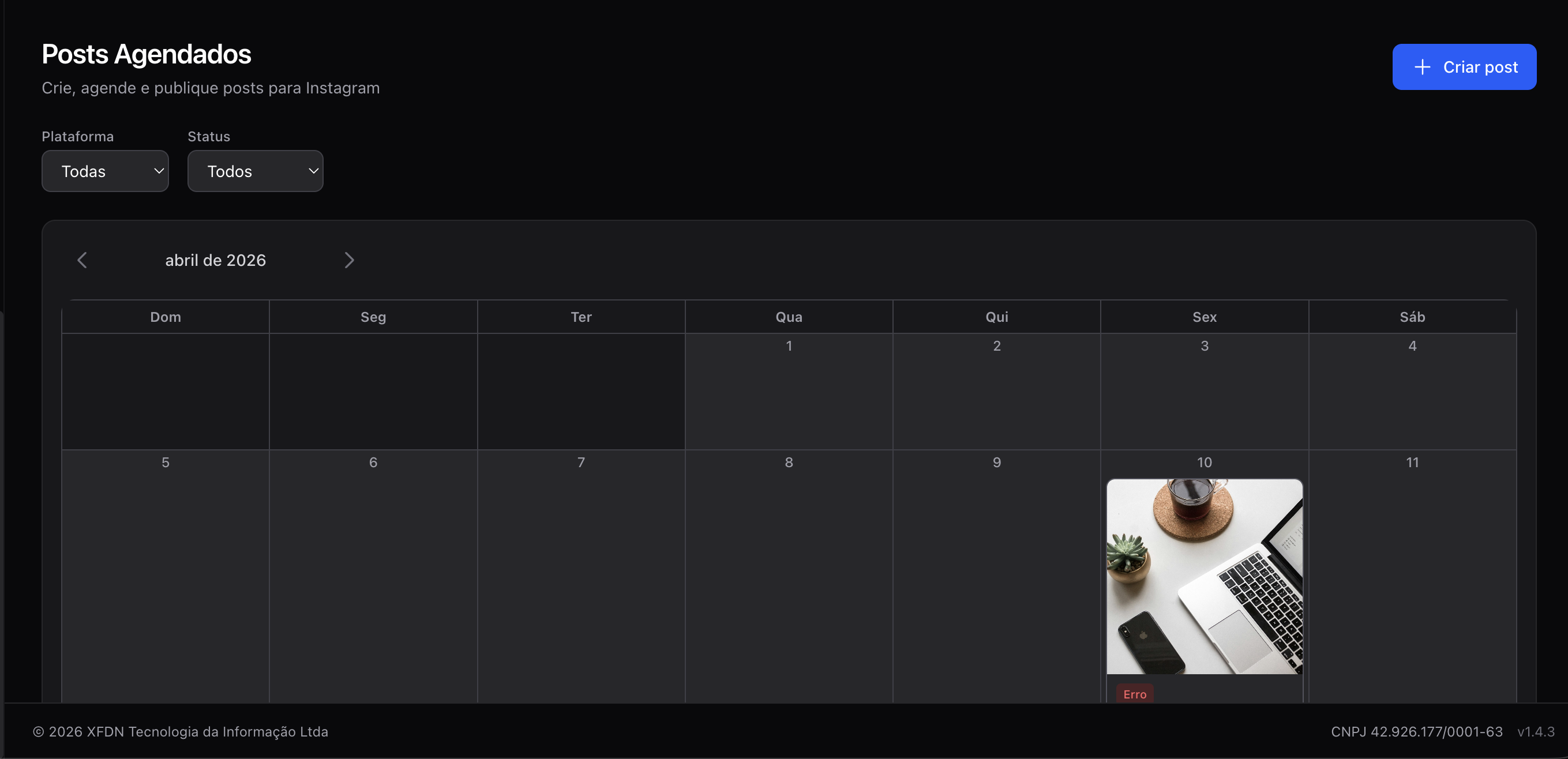 Calendário de posts agendados para Instagram
