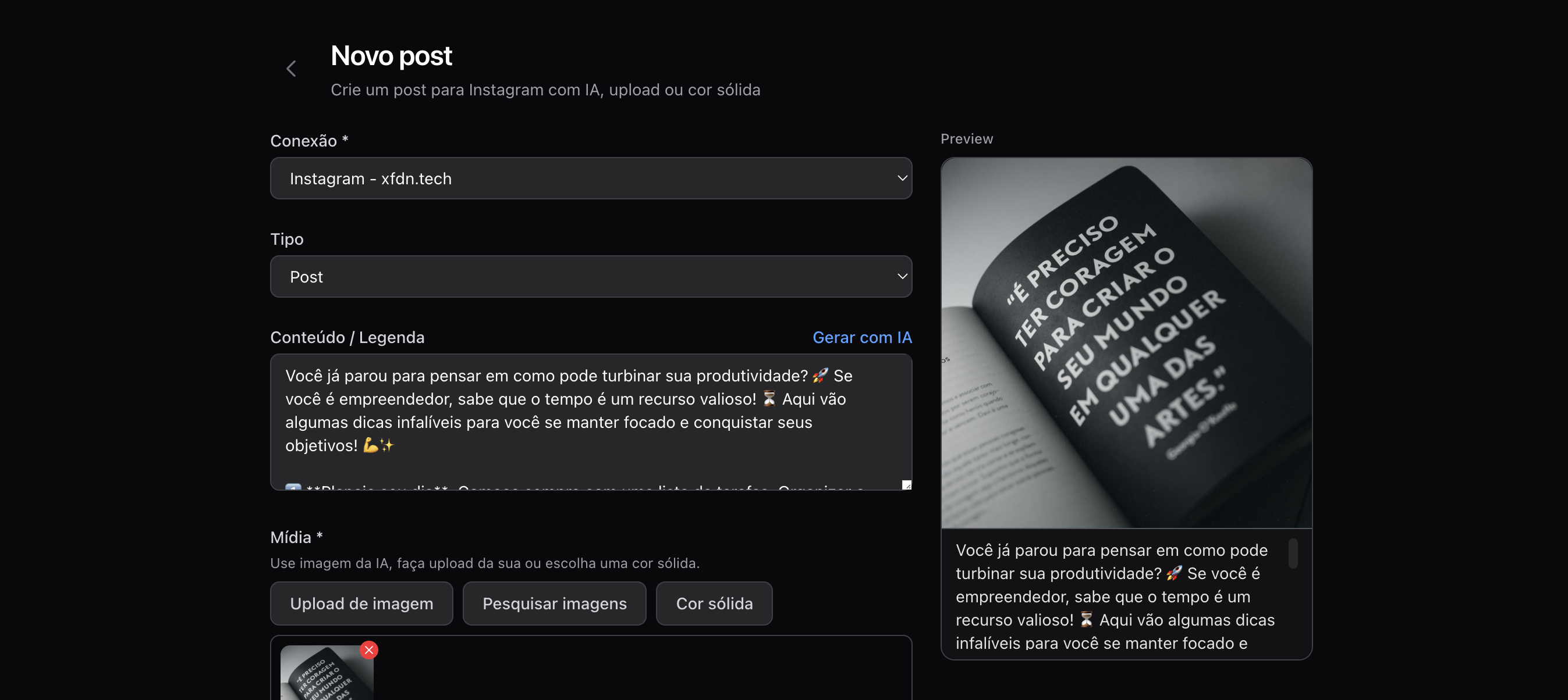 Tela de novo post com legenda, mídia e preview