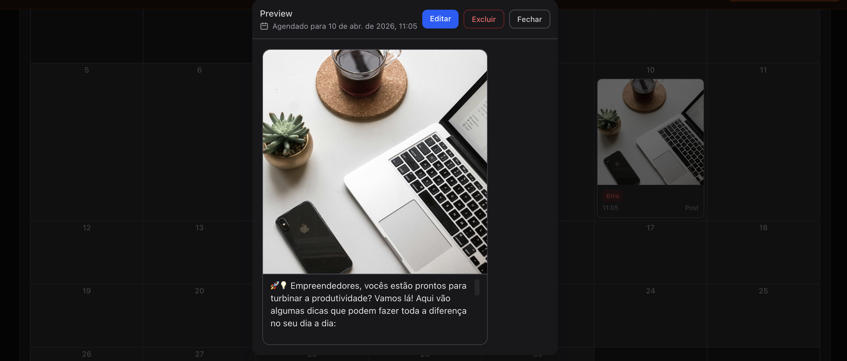 Modal de preview de post agendado com opções de editar e excluir